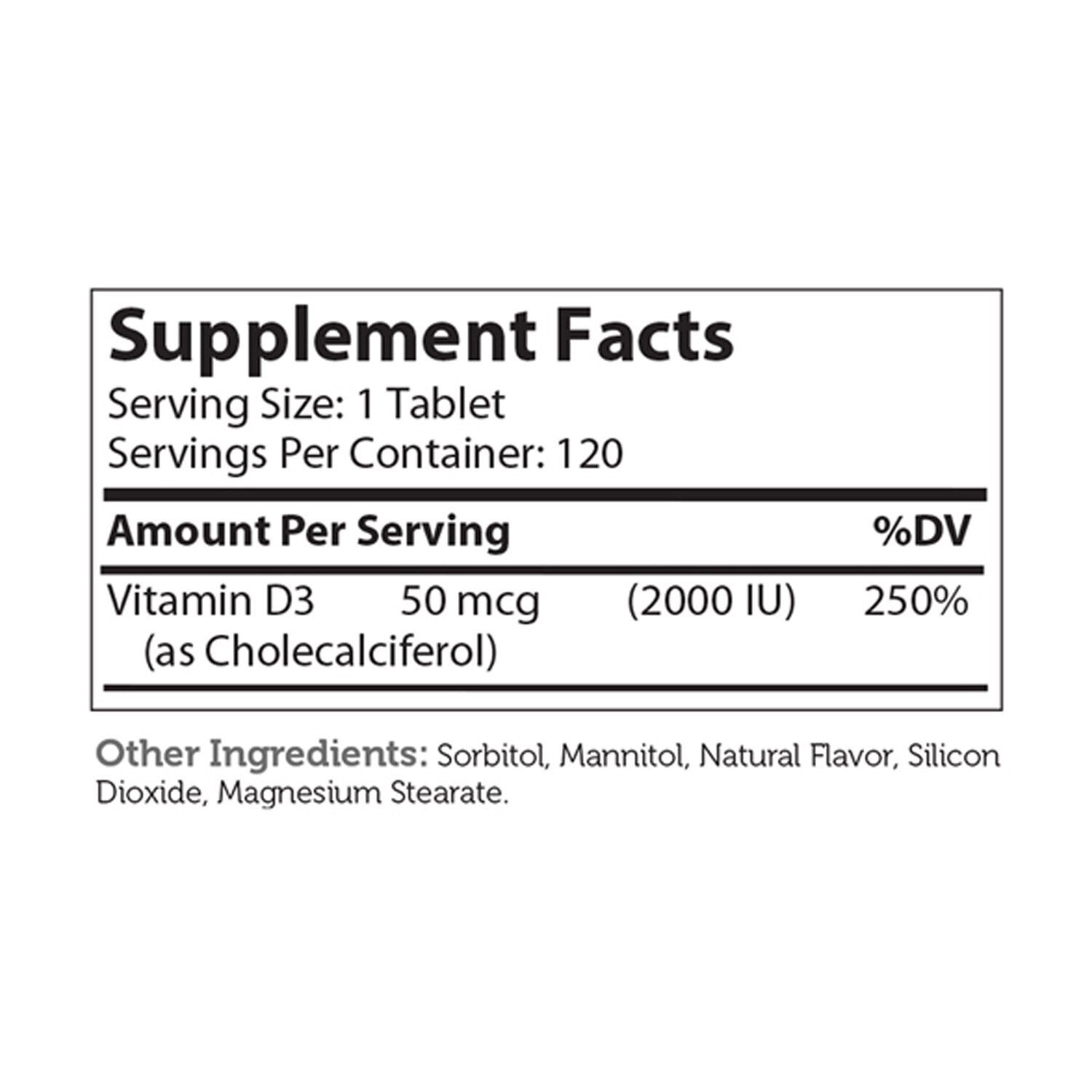 Vitamin D3 Chewable 2000 IU - 120 Tablets (120 Servings)